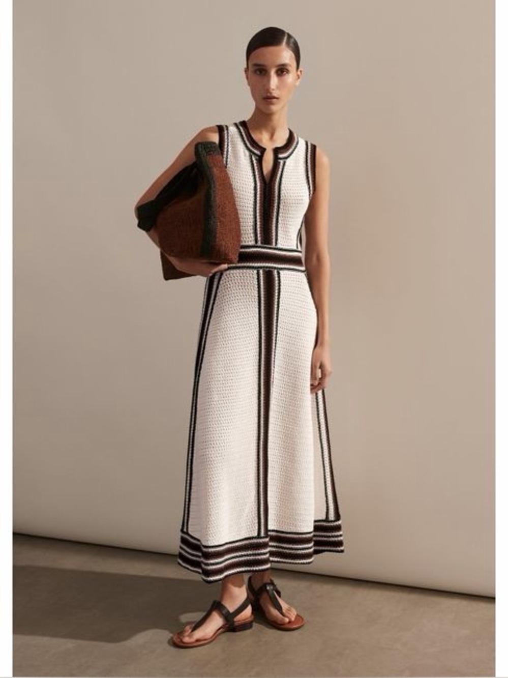 ME+EM Women's Natural Crochet Stripe Paneled Midi Maxi Dress white multi